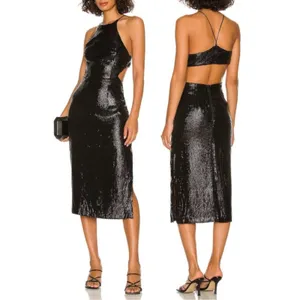 Bardot Easton Dress Size 6 Black Sequin Open Back Thigh Slit Midi Cocktail NWT thumbnail 16