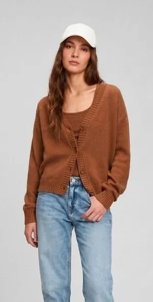 GAP Brazen Brown Cotton Linen Shaker Stitch V-Neck Cardigan Sweater‎ S 802439-02 thumbnail 1
