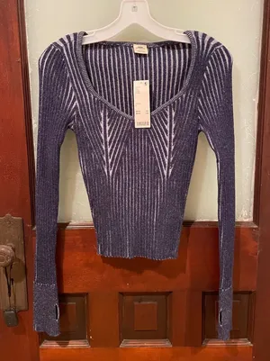 Urban Outfitters Navy and White Ribbed Scoop Neck Sweater thumbnail 1