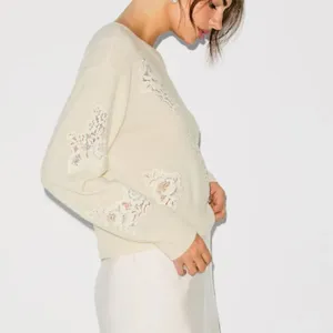 LoveShackFancy White Lace Crewneck Sweater XS Cashmere Romantic Designer $400 thumbnail 2