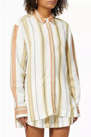Shona Joy Women Suzana‎ Linen Button Front Tunic Shirt Medium Striped Resort thumbnail 1