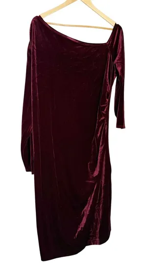 Universal Standard Wine Red Velvet Asymmetrical Off Shoulder Long Sleeve Dress L thumbnail 1