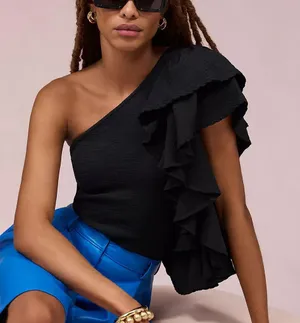 NWT By Anthropologie Ruffled One-Shoulder Top in Black Women’s Size Small thumbnail 1