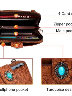 LAVAWA Tooled Brown Leather Crossbody Wallet with Turquoise Accent thumbnail 4
