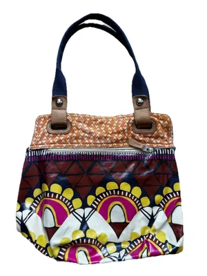 Fossil Key-Per Coated Canvas Tote Bag Vinyl Boho Tribal Print Shoulder Purse thumbnail 3