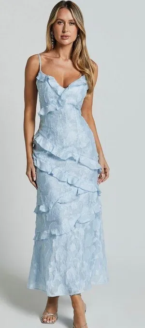 Showpo Michaela Midi Dress Jacquard Ruffle Tiered Light Blue thumbnail 1