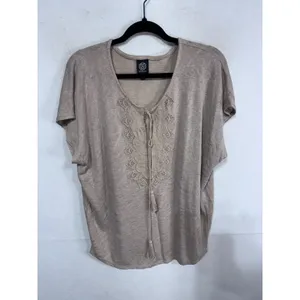 Bobeau‎ XL Tan Crochet Lace V-Neck Top Women's Boho Tassel Short Sleeve thumbnail 3