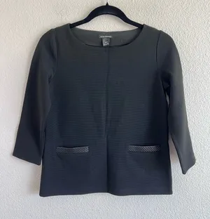 Club Monaco Knit Boat Neck Faux Leather Trim Top Black XSmall thumbnail 1