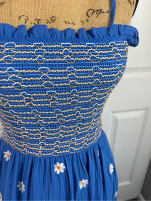 Boutique Sz S Blue Daisy Smocked Tie Strap Tiered Maxi Dress Cottagecore thumbnail 7