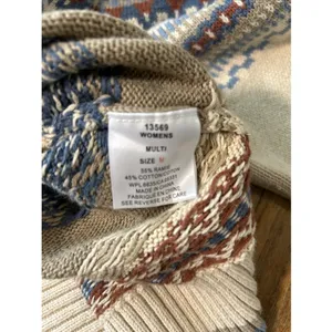 Woolrich Womens Fair Isle Quarter Zip Sweater Blue Cream Ramie Cotton Size M thumbnail 7