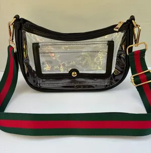 Clear Stadium Crossbody Bag Black Trim Green Red Stripe Strap Gold Hardware thumbnail 1