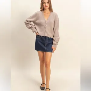 HYFVE Sparkly Bow Embellished Mocha Taupe Cardigan | Holiday Sweater size L thumbnail 4