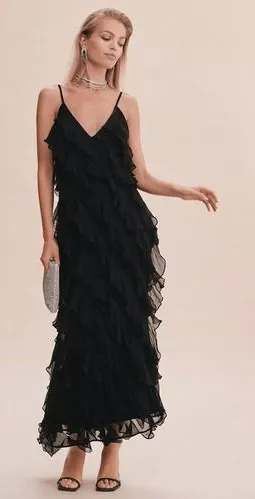 BHLDN Jia Bias-Cut Ruffled V-Neck Gown in Black‎ Size 2 thumbnail 1