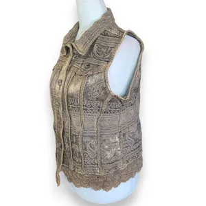 Vintage Flashback‎ Vest Metallic Brown Floral Detail Lace Embroidered High Neck thumbnail 4
