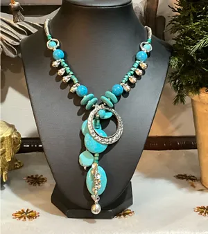 Blue and silver beaded necklace with turquoise stones thumbnail 5