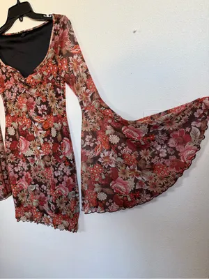 Y2K Floral Mesh Mini Dress Bell Sleeves Ruched Bust Boho Fairycore Grunge Size S thumbnail 3