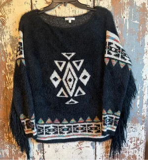 Jodifl Aztec Women's Eyelash Sweater Black Fringe Western size Medium thumbnail 1
