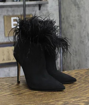 Michael Michael Kors Womens Whitby Feather Trim Pointed Toe Booties Black 5M thumbnail 1