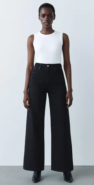Zara Women's Black High Waisted Wide Leg Baggy Palazzo Denim Jeans Pants Size 0 thumbnail 6