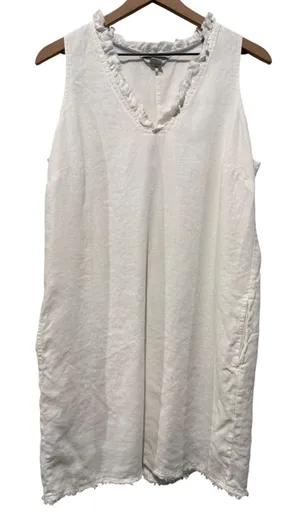 Tommy Bahama Two Palms Linen Dress M White Ruffle Frayed V-Neck Coastal Resort thumbnail 1