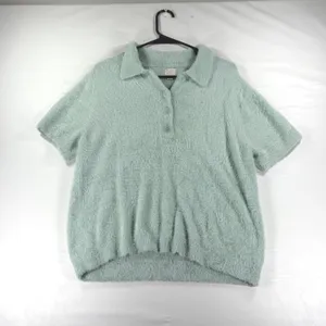 A New Day Sage Green Fuzzy Eyelash Knit Short Sleeve Polo Sweater Large thumbnail 2