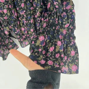 Free People Meant To Be Black Floral Print Full Mutton‎ Sleeve Peasant Blouse M thumbnail 11