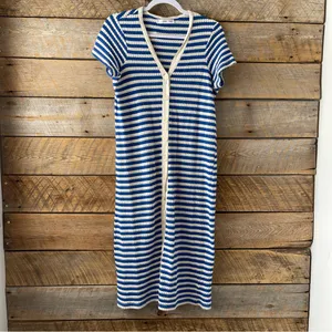 MNG Mango Blue/ Cream Stripe Jersey Sweater Midi Dress Sz US 10 Short Sleeve thumbnail 2