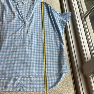 Crown & Ivy Baby Blue & White Plaid Short Flutter Sleeve Linen Blend Top size S thumbnail 8