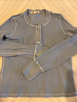 AMO Women’s Small Light Blue Waffle Knit Long Sleeve Henley Shirt thumbnail 1