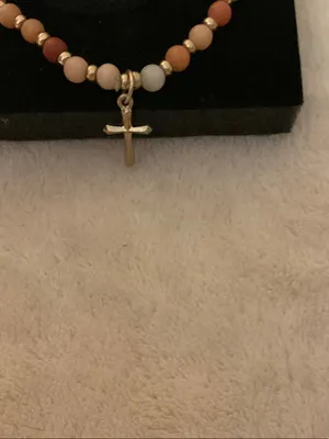 Neutral Multi-Bead Stretch Bracelet with Gold Cross Charm thumbnail 2