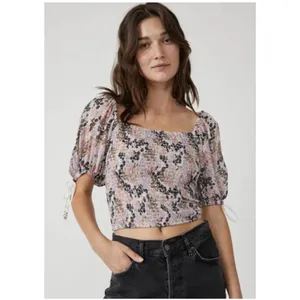 Free People Back On Top Crop Smocked‎ Shirt Blouse Puff Sleeve Size S thumbnail 12