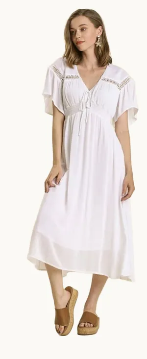 Umgee V-Neck Smocked Waist Flutter Sleeve Midi Dress White Small thumbnail 1