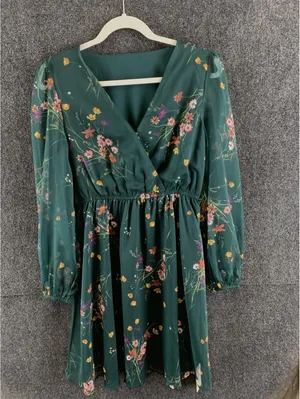NWT Cupshe Womens Medium Green Floral Long Sleeve Mini Dress V-Neck Boho Casual thumbnail 2