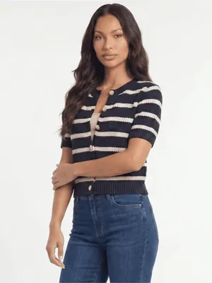 Striped Navy and White Short-Sleeve Knit Cardigan Size Large NEW thumbnail 6