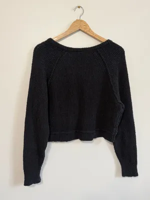 Free People Textured Knit V Neck Sweater Size Small Crop Black thumbnail 5
