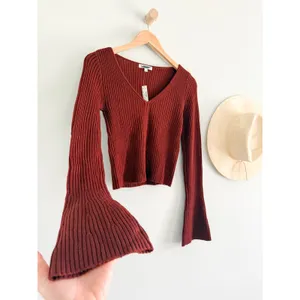 Madewell | NWT Merino Wool Ribbed V Neck Sweater Top Deep Rust | Sz S thumbnail 2