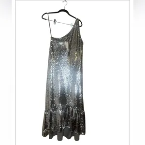 NWT MAEVE Anthropologie One Shoulder Sequin Ruffle Maxi Dress Silver XS thumbnail 5
