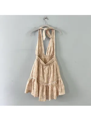 NWT Mon Renn Havana Crochet Print Tan Linen‎ Halter Mini Dress thumbnail 3