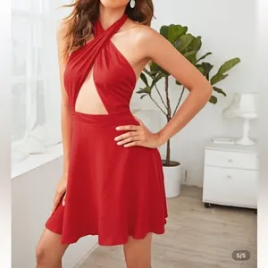 SHEIN Red Low Back Wrap Halter Neck Dress thumbnail 5