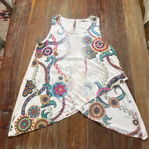 Desigual Asymmetrical Floral Tank Top Size L Mandala Print Sharkbite Hem Boho thumbnail 1