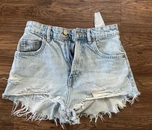 Zara High Waisted Denim Shorts Distressing in a light wash! thumbnail 1