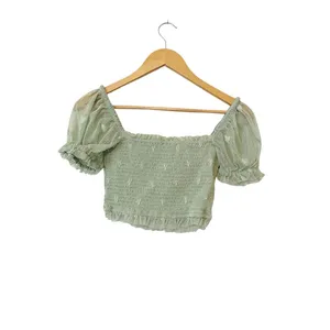 Unique Vintage Mint Green Puff‎ Sleeve Cropped Short Sleeve Top Size Small 4 thumbnail 3