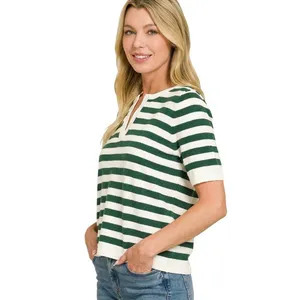 Zenana‎ Split Neck Stripe Short Sleeve Sweater - Hunter Green - Large thumbnail 2