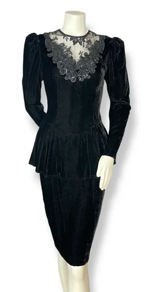 Vintage Scott McClintock Velvet Dress Lace Sequins Peplum‎ 80s 90s Drama Formal thumbnail 1
