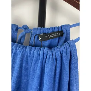 Zara Linen Blend Blue Ruffle Hem Mini Strappy Halter Casual Dress Size‎ M thumbnail 3