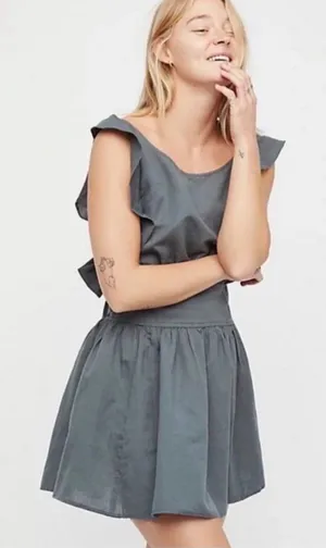 Free People‎ Mini Dress Womens Medium Grey Excellent Boho Open Back Ruffle Linen thumbnail 1