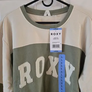 Roxy Game On Womens Large Pullover Olive Varsity Logo Colorblock Sweatshirt NWT thumbnail 2