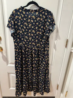 Crimson Floral Midi Dress Womens L Navy Blue Yellow Floral Ruffle Sleeve Boho thumbnail 8