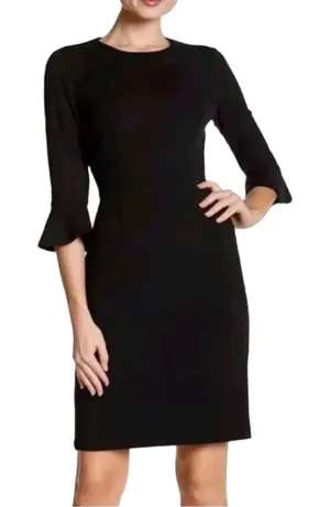 Donna Morgan Crew Neck Bell Sleeve Solid Crepe Black Cocktail Dress NWOT size 2 thumbnail 1