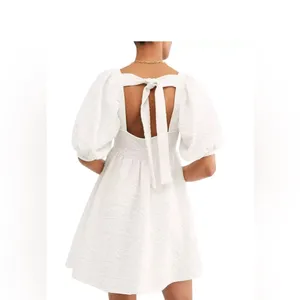 Free People Violet‎ Mini Dress White Puff Sleeve Bow Back NWT M thumbnail 2